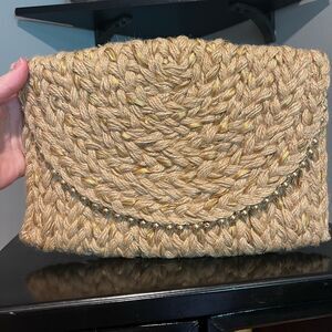 Jute and Metallic Thread Woven Clutch with Flap Closure